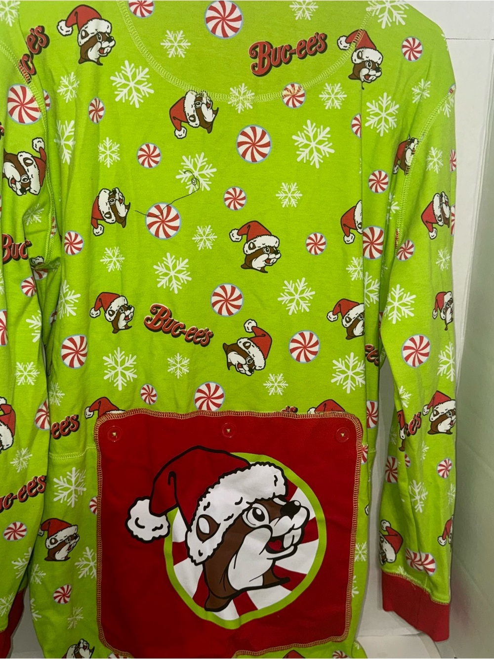 Women's Holiday Pajama Onesie - Green Peppermint & Santa Print - Picture 2 of 4